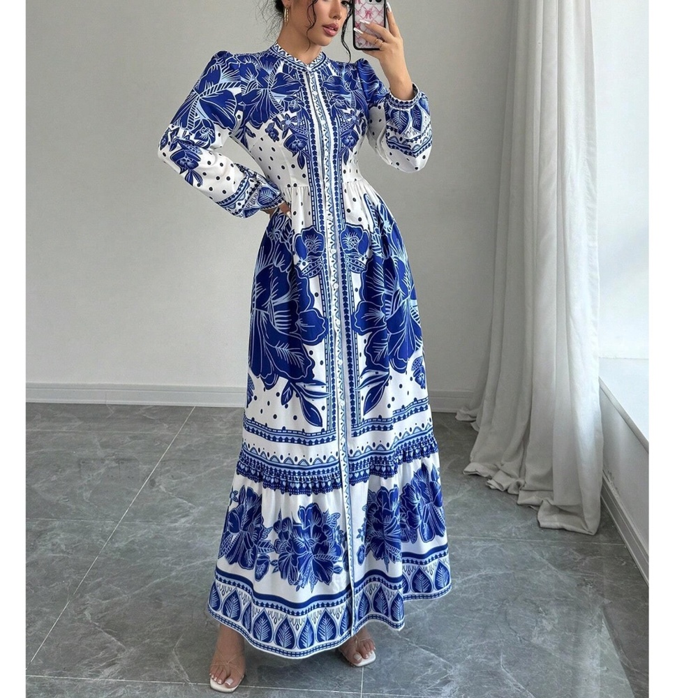 Boho Floral Print Puff Long Sleeve Button Down Frill Neck Maxi Dress - Picture 2 of 5